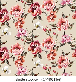 Big pattern with baroque flowers-peony, bright colours, interesting composition, on beige background 