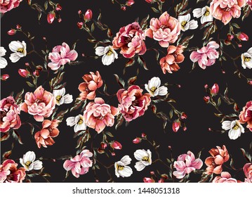 Big pattern with classic baroque peony flowers with petals, leaves and buds on black background