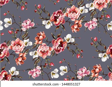 Big pattern with classic baroque peony flowers with petals, leaves and buds on lilac background