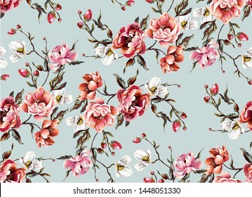 Big pattern with classic baroque peony flowers with petals, leaves and buds on blue background