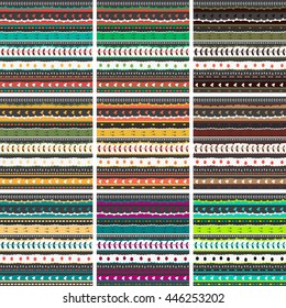 Big pattern set. Whimsical embroidery stripes, hand drawn doodle ornament collection. Seamless texture with stitches, hearts, dots, branches, bird footprints for decoration, greeting card background.