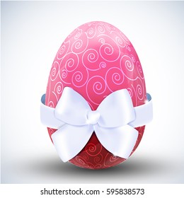 Big patterned pink happy easter egg with silken ribbon bow icon on light background realistic vector illustration