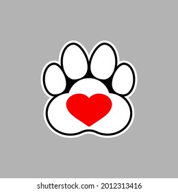 Big paw print sticker with red heart. Vector template. Isolated illustration. Black and white silhouette.