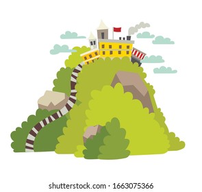 Big peak with fabulous city vector illustration. Fantastic green mountain Lanka cartoon style. Fantastic archticture and forest landscape. Isolated drawing icon on white background  svg