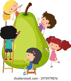 Big pear with many kids cartoon character  illustration