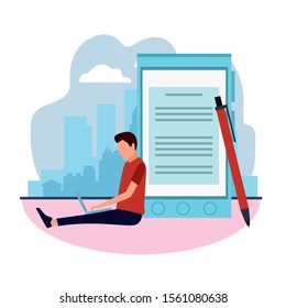 big pen and smarpthone and man using a laptop computer around over white background, colorful design , vector illustration