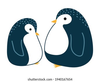 Big penguin and little penguin cub. Postcard, drawing on clothes, poster for children in the style of the cartoon.