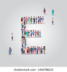 big people crowd gathering in shape letter E different occupation employees group standing together English alphabet concept full length