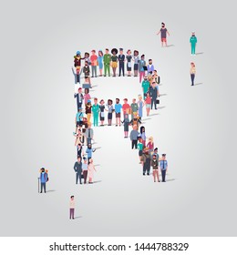 big people crowd gathering in shape letter R different occupation employees group standing together English alphabet concept full length