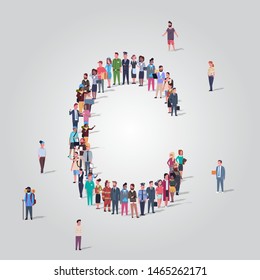 big people crowd gathering in shape letter C different occupation employees group standing together English alphabet concept full length