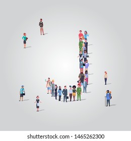 big people crowd gathering in shape letter J different occupation employees group standing together English alphabet concept full length