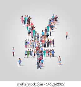 big people crowd gathering in shape of yuan symbol different occupation employees group standing together money currency concept full length