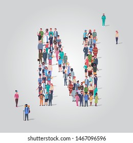 big people crowd gathering in shape letter N different occupation employees group standing together English alphabet concept full length
