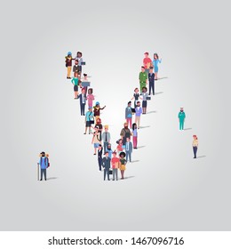 big people crowd gathering in shape letter V different occupation employees group standing together English alphabet concept full length
