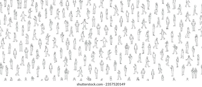 Big people crowd on white background. Hand drawn vector illustration. Black and white.