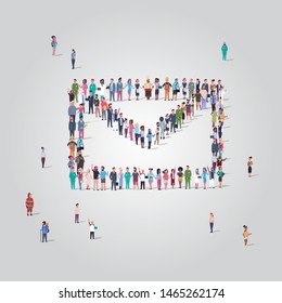 big people crowd standing together in shape of envelope icon different occupation employees group social network communication concept full length