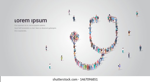 big people crowd standing together in shape of stethoscope sign different occupation employees group medicine healthcare concept full length copy space horizontal