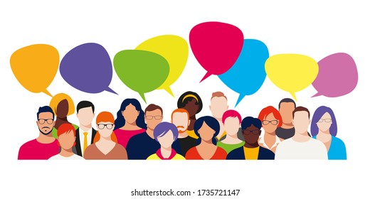 Grandes grupos de personas con burbujas de habla. Concepto de banner de negocios, discusión en internet, noticias, redes sociales, chat, diálogo.
