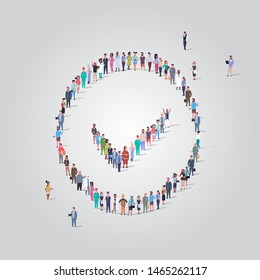 big people group standing together in check mark shape crowd of different occupation employees making choice approved concept full length