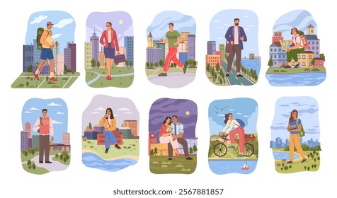 Big people at street. Vector giant characters in city, modern urban lifestyle. Day cityscape. Gigantic couple, businessmen and student, sportsmen and tourists. Life of huge personages