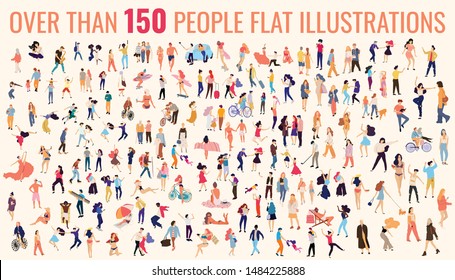 Big people vector illustration set. Flat design crowd people. Over that 150 illustrations