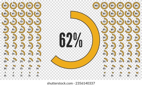 Big percent collection for user interface UI or business infographic. Set of icon for infographic. Percentage circle diagrams from 0 to 100. Black and orange shapes. Vector illustration.