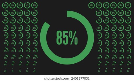 Colección de gran porcentaje para interfaz de usuario o infografía de negocios. Conjunto de iconos para infografía. Diagramas de círculo porcentual de 0 a 100. Pancartas verdes sobre un fondo negro. Ilustración vectorial.