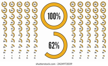 Gran colección porcentual para interfaz de usuario o infografía de negocios. Conjunto de iconos para infografía. Diagramas de porcentaje de círculo de 0 a 100. Formas negras y naranjas. Ilustración vectorial.