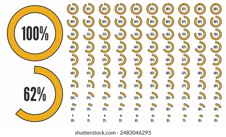 Große prozentuale Kollektion für Benutzeroberfläche oder Unternehmensinfografik. Symbolsatz für Infografik. Prozentkursdiagramme von 0 bis 100. Schwarze und orangefarbene Formen. Vektorillustration.