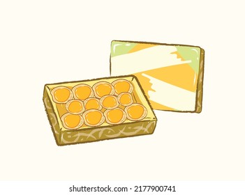 Big Persimmon fruit in a brown, yellow rectangle gift box for visiting people in vector flat illustration art design