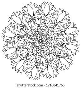 Big petals fantasy exotic flowers mandala black and white stock vector illustration. Floral spring and summer season coloring page for children and adults. Tropical flowers on stems with leaves art