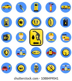 Big petrol gas station set. Flat vector illustrations icons. Isolated on white. Attributes of gas station: fire extinguisher, petrol pump, filling worker, barrel, car, wifi, restroom, road signs, eco