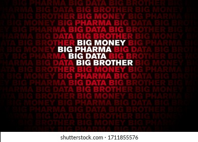 Big Pharma, Big Money, Data And Big Brother Lettering Background. Words Shown In Capital Letters. Bold White And Red Letters On Black Background. Illustration. Vector.