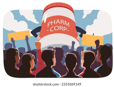 Big pharmacy corporation, protesting people. Men, women persons crowd protest against huge pharma company drugs character. Medicine, pharmaceutical industry business concept flat vector illustration