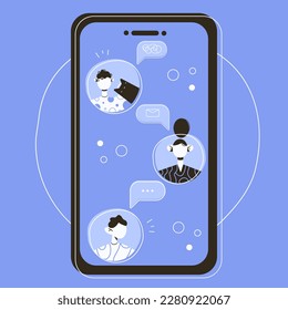 Big phone chatting people with emoji icons on the background.Friends or colleagues chatting and texting. Vector