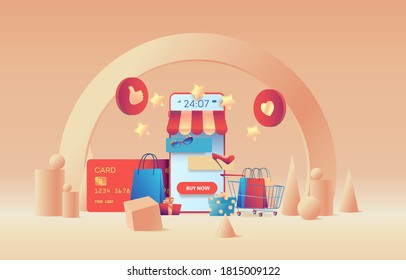 Big Phone ist wie Geschäft. kontaktloses Zahlungskonzept. Metapher für 24 Stunden Online-Shopping.  Flache Vektorgrafik