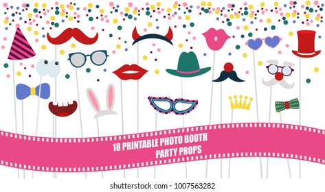 Big photo booth props set for birthday or party vector illustration. Printable icons for mustache, hats, sunglasses for making photo booth collage 