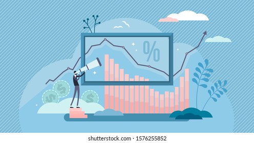 Big picture illustration. Info closeup inspection in flat tiny persons concept. Business financial information overall look and research. Recession and economical problem analysis. Framed diagram line