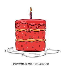 Big pie with a candle for a birthday. Vector sketch of hand drawing.