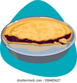 Big Pie Slice With Blackberry Stuffing In Aluminum Pie Pan. Half Of The Pie With Crumbs In Deep Bowl. Isolated. On Blue Background.