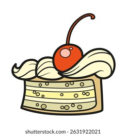 Big piece of  biscuit cake with cream, whipped cream and a cherry on a white background