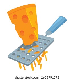 Big piece of cheese is being grated with a metal grater, making thin cheese strips