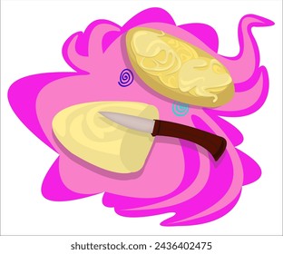 A big piece of fresh delicious butter with a knife and a tasty sandwich; pink vintage background. This cartoon illustration can be used as a logotype for butter shops, farms. Vector, isolated.