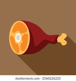 Big piece of ham on the bone lying down casting a long shadow, simple cartoon style illustration