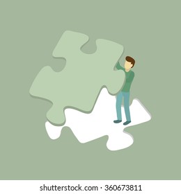 Big piece of jigsaw with creative worker