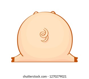 Big pig from back. Cute pig's butt with a tail isolated on white. Hand drawn vector design.