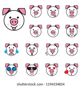 Big Pig Set of 15 high quality vector cartoonish emoticons, in rough design style