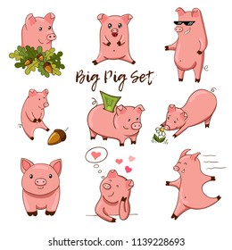 Big Pig Set. Collection of cute cartoon pigs