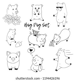 Big Pig Set. Collection of cute cartoon pigs