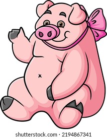 The big pig is sitting and wearing a ribbon while greeting of illustration